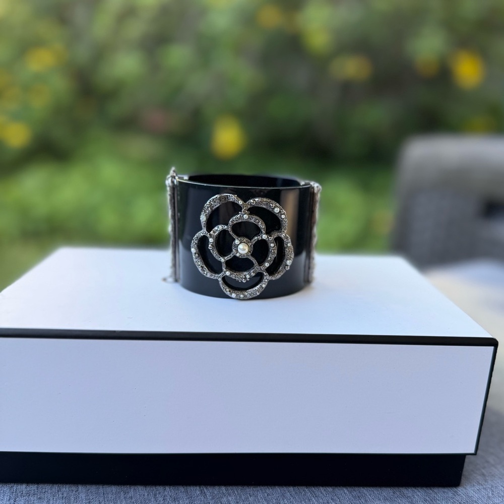 Chanel Black Camelia Cuff Bracelet